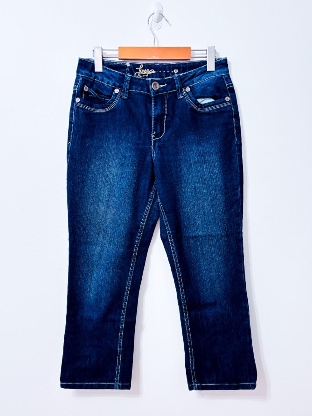 CARRELI Dark Blue Wash Straight Leg Stretch Jeans Contrast Stitching Size 30